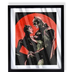 Batman and Catwoman in love under red moon art piece on black frame