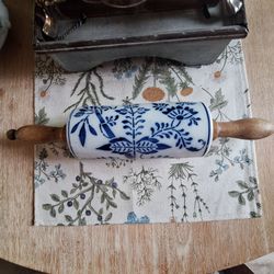 Antique Rolling Pin Blue Onion Pattern
