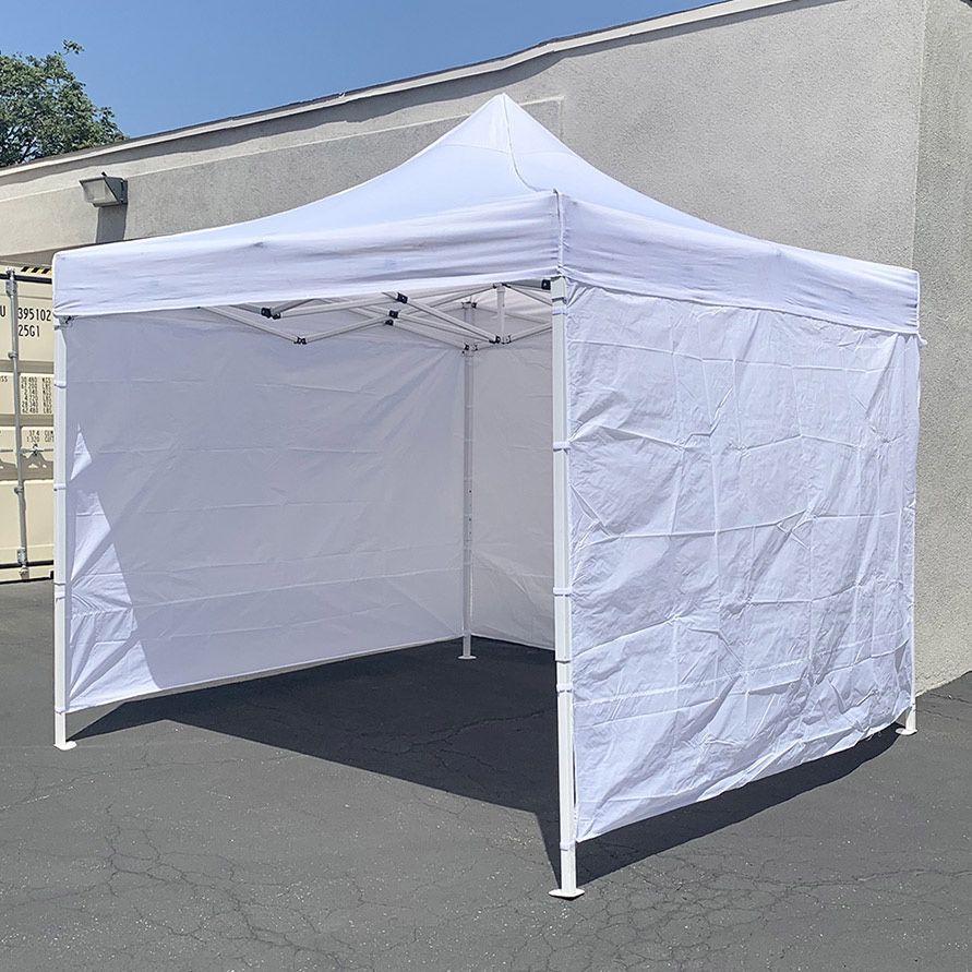 (New) $120 Heavy Duty 10x10ft Popup Canopy with 3 Sidewalls, White/Blue 