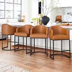 Yellow Brown Linen Fabric Upholstered Counter Stool Curved Back Kitchen Island Bar Stool with Metal Frame