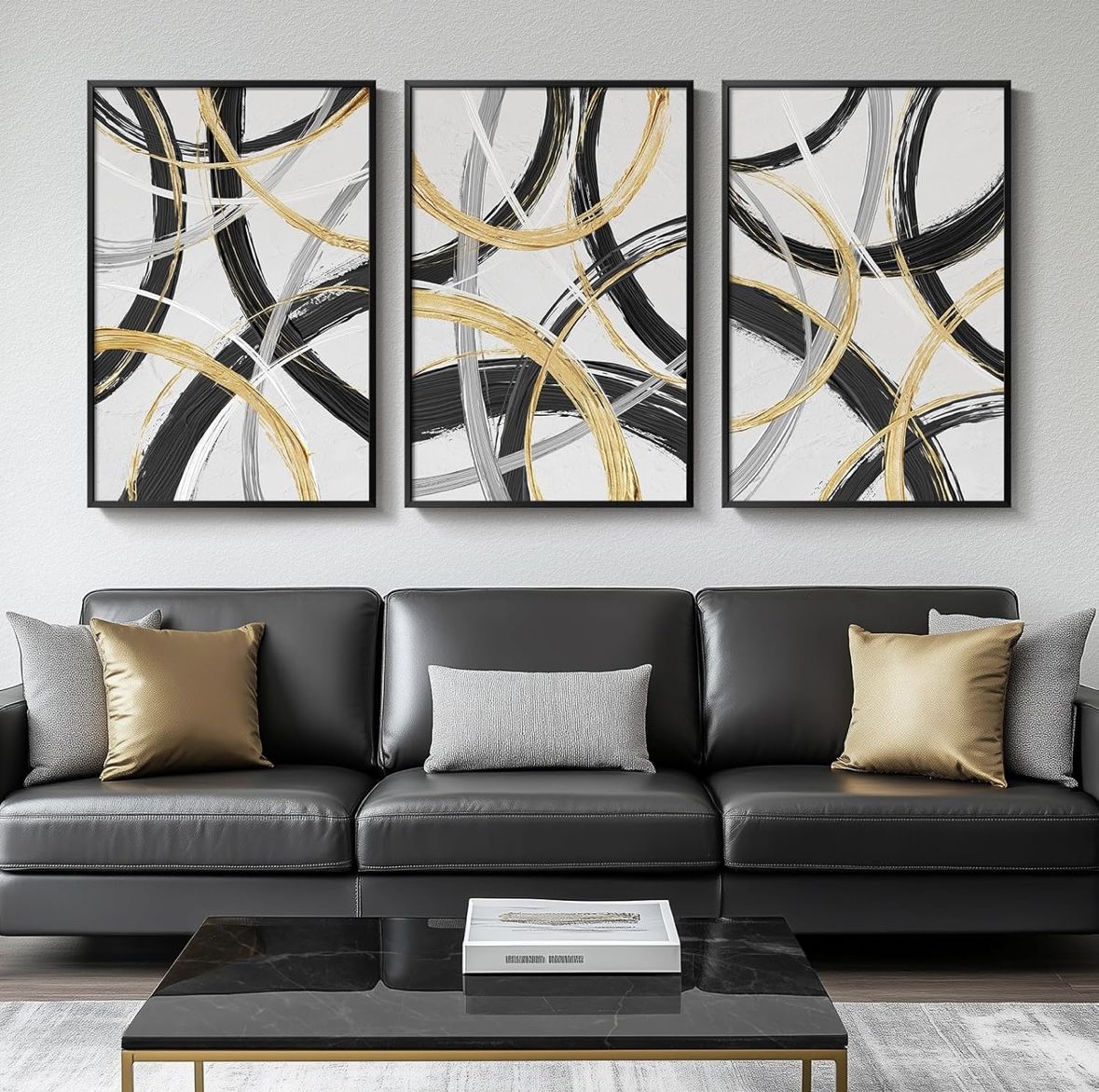 Large Framed Gold, Black & White Abstract Wall Art, 3 Piece Canvas Art | Originally $139