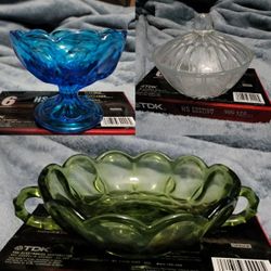 Vintage Glass Milk, Olive,  Blue Lot 3 Candy Dishes 