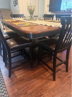 Must go Today!!(Best Offer) 🍷 Solid Wood Pub‑Height Table + Built‑In Folding Leaf + Storage + 6 Chairs