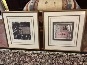 Framed Pair of Chinese Mixed-Media Collage Art Prints