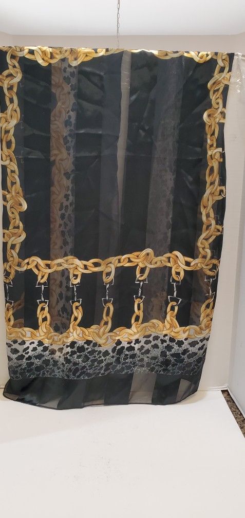 Gold Chain And Animal Print Black Polyester Square Neck Scarf Shawl Wrap