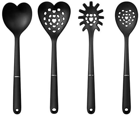 Brand New In Box COJOJO 4 Pack Silicone Nylon Turner Spatula Spoon Ladle Spaghetti Server Slotted with Heart Shape Round Square Kitchen Tool Set