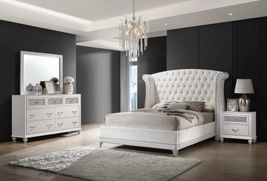 White Velvet Bed With Crystal Button Tufted Headboard