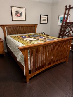 Oak wood bed with mattress and box spring