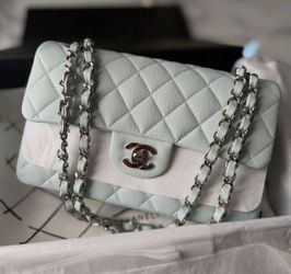 CHANEL Classic Double Flap 23 Light Blue Caviar Silver Hardware Authentic