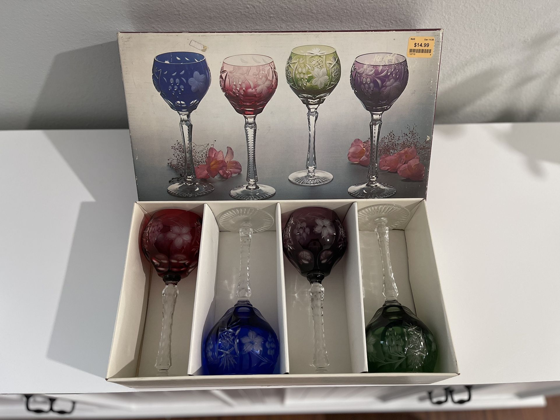 Imperial Crystals Wine Hocks Glasses 4 Pc Assorted Set Colors New In Box Genuine Crystal Mouthblown Handcut Over 24% Pbo