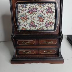Vintage 1970 Musical Jewelry Box Embroidered Front Panel Two Drawers Pull...