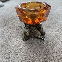 Vintage Amber Glass Ashtray with Ornate Metal Stand – 5”x5” Mid-Century Decor