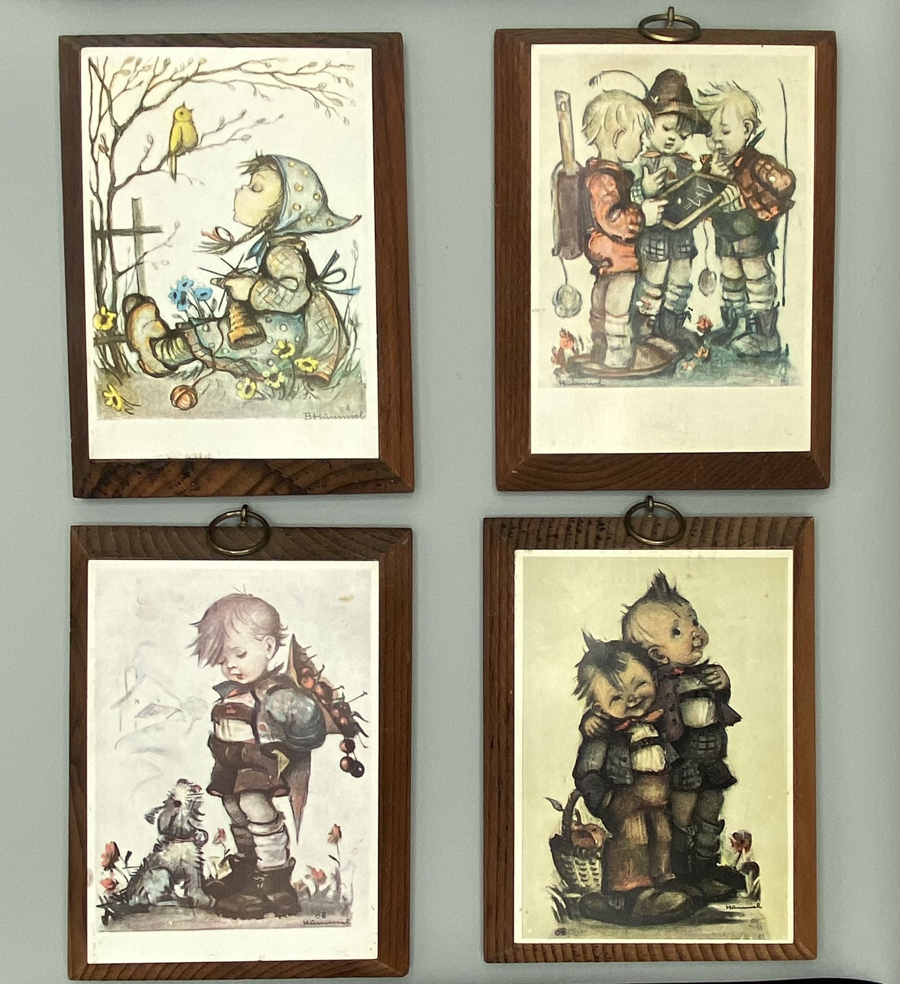 Beautiful Vintage Hummel Prints on Wood Wall Hanging Plaques Set Of 4 Size 4x6