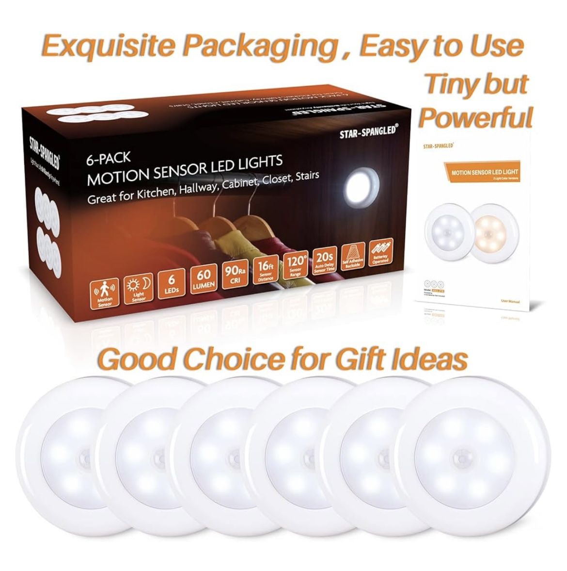 STAR-SPANGLED 6 Pack 2.8” Motion Sensor Lights Indoor AAA Battery Operated, Stick on LED Puck Light for Stairs, Under Cabinet, Closet, Cool White