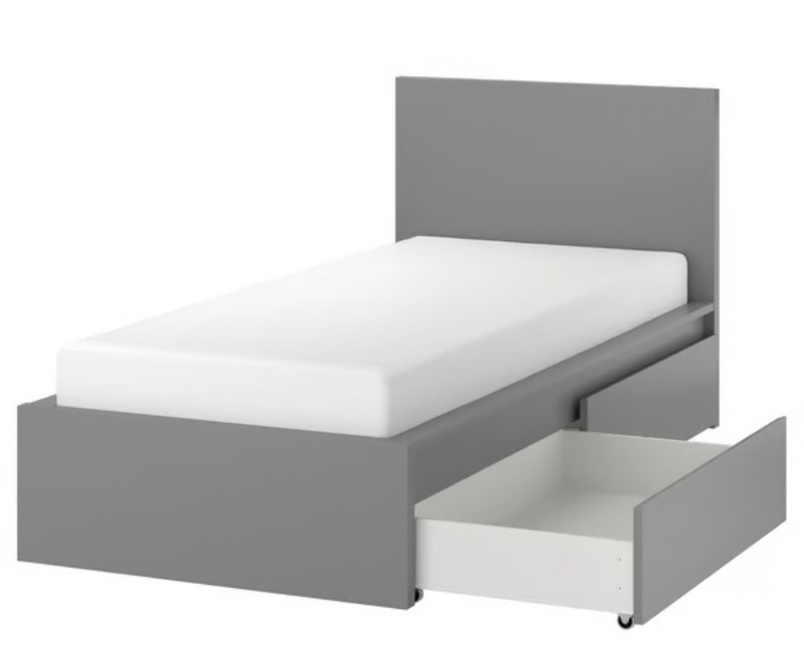 IKEA MALM twin bed frame/ 2 Storage Boxes, Grey (mattress included)