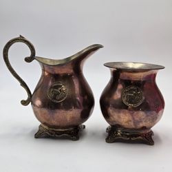 Classy Antique Indian Copper & Brass Dallah Turkish Arabic Coffee Creamer & Sugar Set