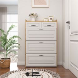 White +Oak Color Shoe Cabinet With 3 Doors 2 Drawers,Large Space For Storage