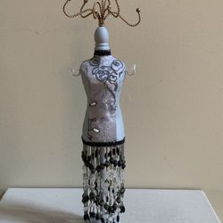 VTG Jewelry Display Stand/Bust Mannequin 16”/ Beaded Fringe Evening Dress