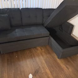 Black Linen Sectional Sofa W/storage Chaise And Pullout Bed