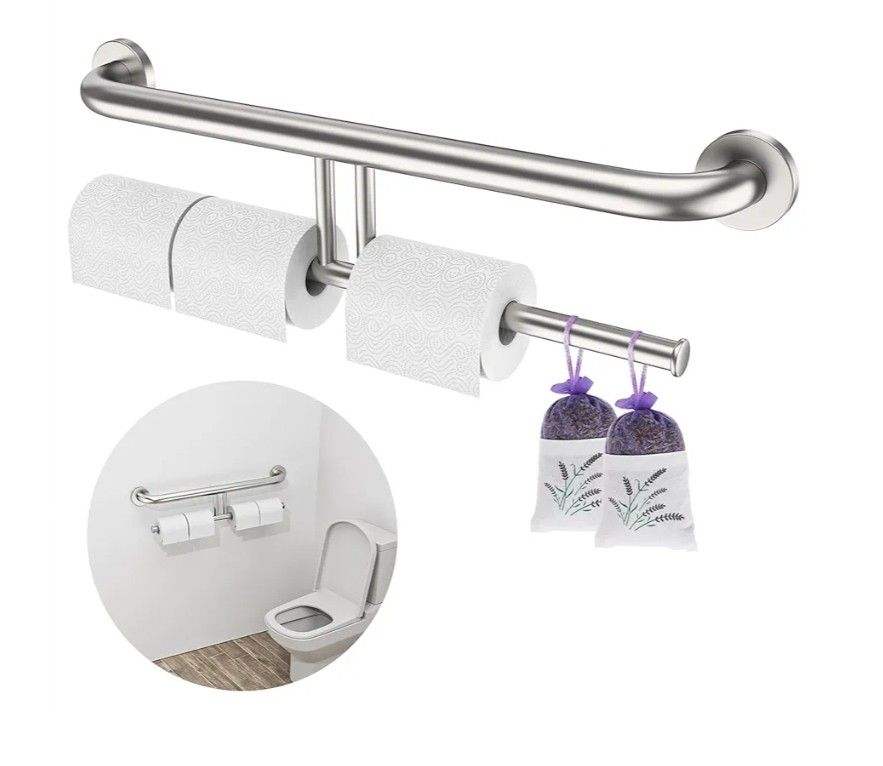 5717: Brushed Nickel Handicap Grab Bars 24 Inch, Stainless Steel Bathroom Safety Grab Bar w/Toilet Paper Holder, Wall Mounted Tissue Paper Roll Holder