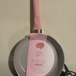 New Paris Hilton 8 Inch Cast Aluminum Ceramic Nonstick Fry Pan Pink Gray Spout