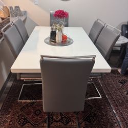 Modern white dining table Set 6 Grey Chairs