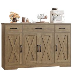 Buffet Sideboard Cabinet with Drawers, 55" Large Buffet Storage Cabinet with Shelves and Doors, Modern Farmhouse Coffee Bar Station Wood Kitchen Table