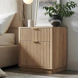 E68 $90  23'' Fluted Nightstand with Charging Station, Large 2 Drawer Bedside Table, Modern End Table with Storage, Mid Century Night Stand for Bedroo