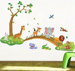 3D Cartoon Jungle wild animal tree bridge flowers wall stickers for kids room living room.