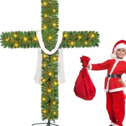 6 Ft Christmas Cross Tree with 100 Lights and a White Silk Scarf Christmas Christian Decorations Indoor Jesus Christ Catholic Cross Decor He is Risen 