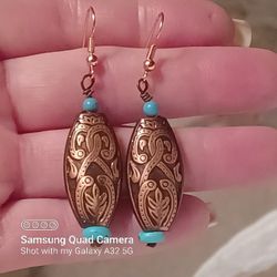 Vtg.Unique Copper & Turquoise Stone Drop Earrings