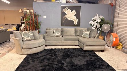 Oversized Grey Microfiber Sectional Sofa with Chaise and Swivel Cuddle Chair - Delivery Available