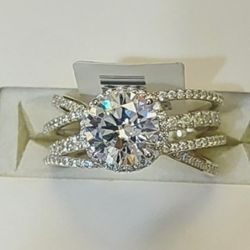 Round Center Four Row White Diamond Simulant 4.96ctw Overlay Bridge Sterling Silver Ring (NWT)