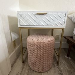 Home Goods White with Glass Top Table + Mauve Ottoman 