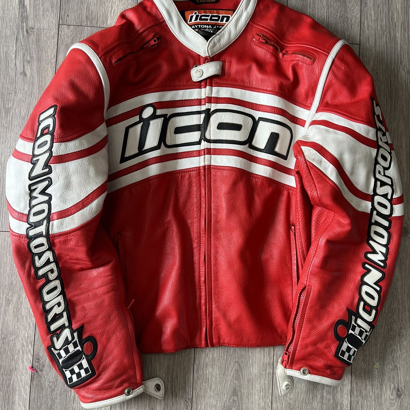 Icon Leather Jacket Red ICON Daytona Series Motosports Leather