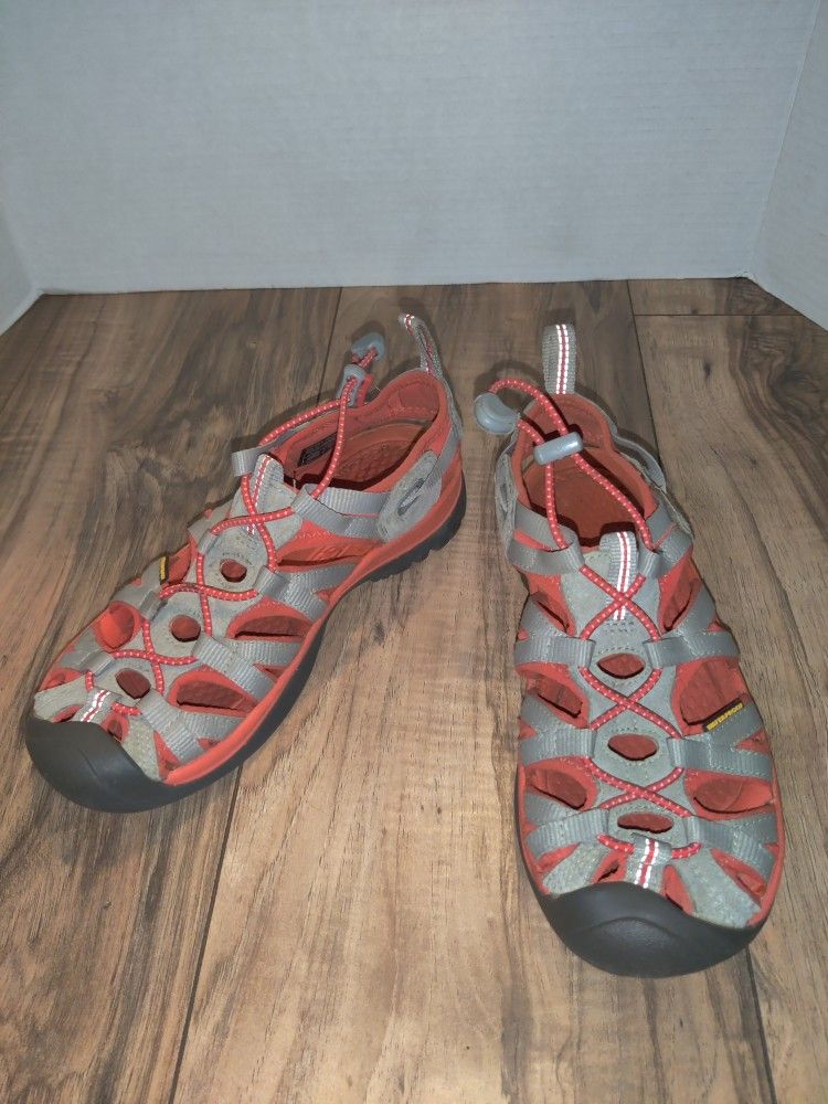 KEEN Womens Grey/ Orange Trail Hiking Sandals Water Shoes Size: 6 Waterproof. They have some wear from age and use. Sold as is.