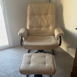 Cream Leather  Recliner And Ottoman 