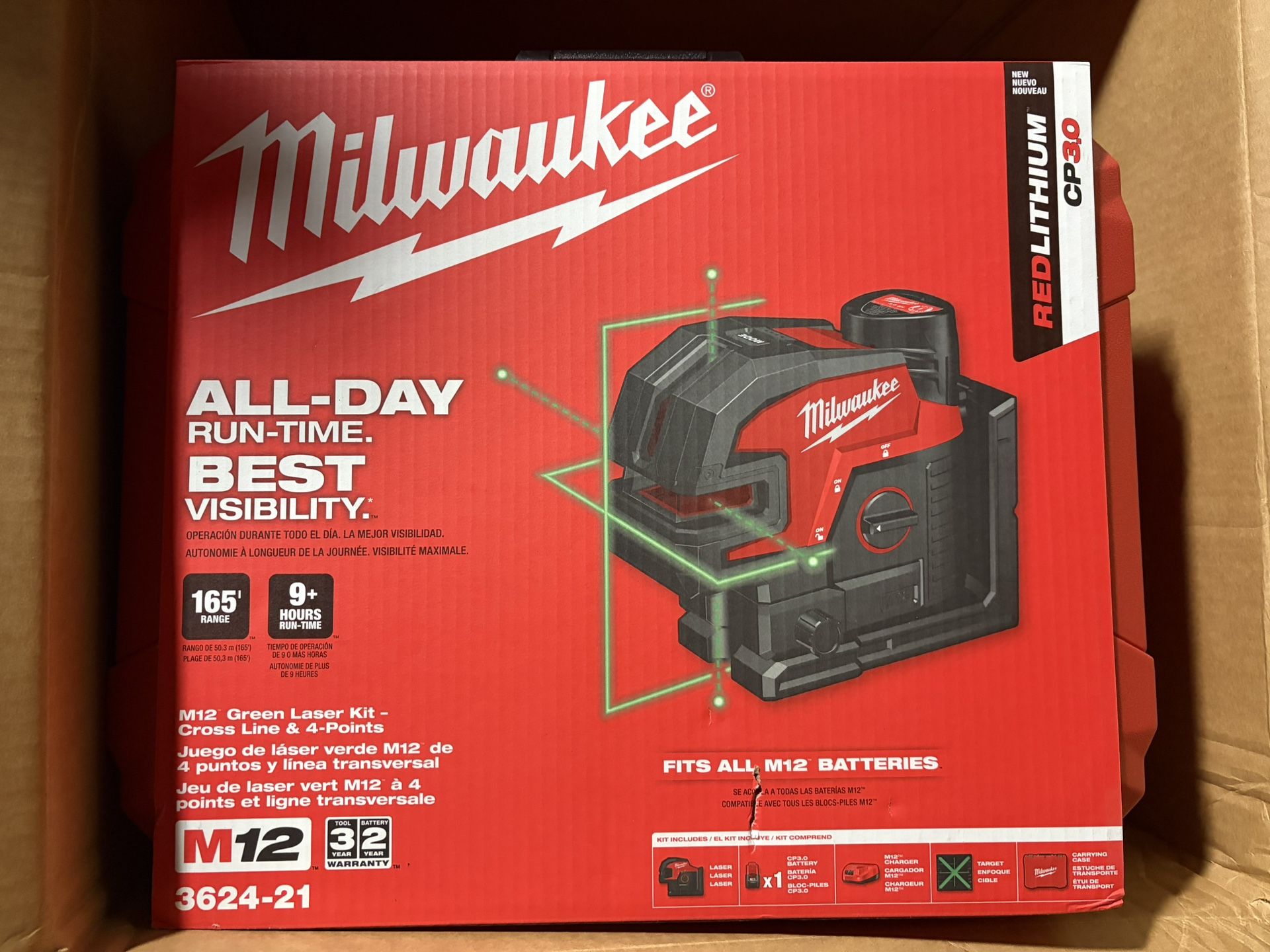 Milwaukee M12 12 Volt Lithium Ion Cordless Green Cross Line and 4 Points Laser Level Kit