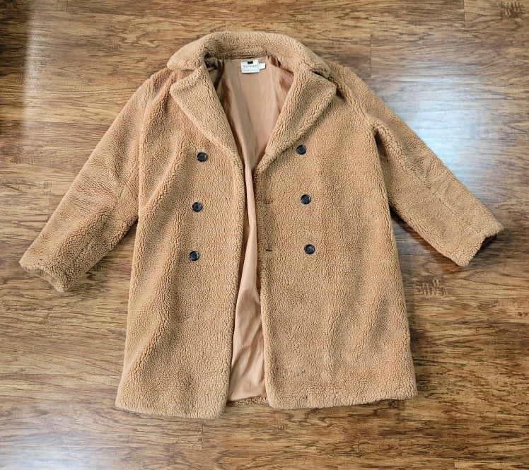  TOPMAN Size Large Brown Faux Fur Teddy Fleece Overcoat