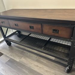 Beautiful rustic Brown Wood Table/Workstation W drawers. Black Metal Accents 