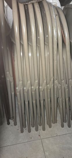 15$ for each chair, Metal chairs with leather, 13 beige chairs, 2 dark brown chairs, 4 black chairs, and tables are also available.