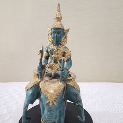 Bronze -  Indra Riding Airavata / Erawan Three-headed Elephant Green Gold Bronze Statue