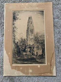 1924 Vintage Original Etching, Harkness Tower Yale Pencil Signed Etching 1924 By Robert Logan
