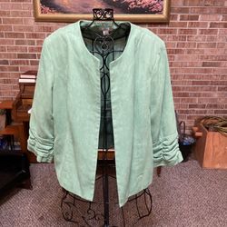 Dress Barn Green Suede Feel Ruched Sleeve Open Front Blazer Size XL Lined