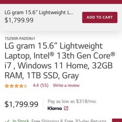 LG gram 15.6” Lightweight  BRAND NEW LAPTOP
