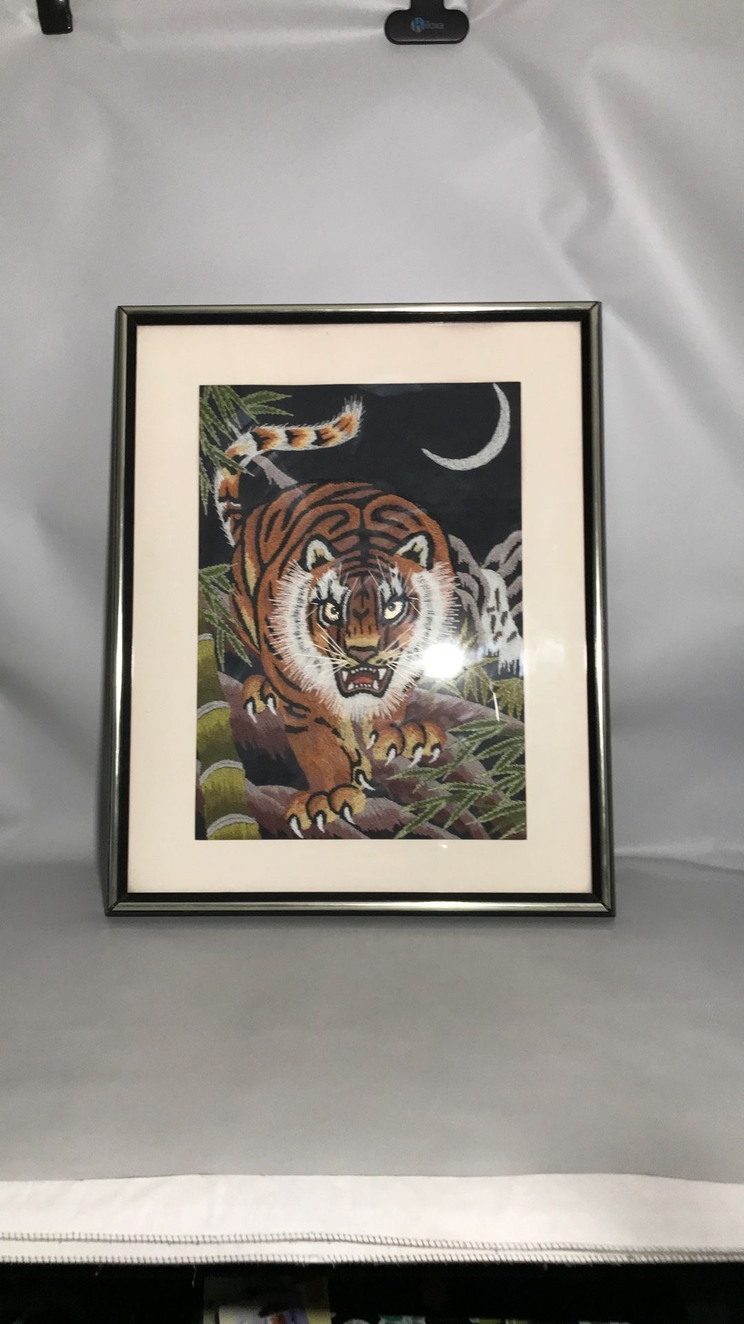 JAPANESE TIGER AND BAMBOO LARGE EMBROIDERY TAPESTRY PAINTING