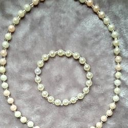 Elegant Faux Pearl Necklace And Bracelet In A Sheer Bag. The Necklace Is 20 Inch And The Bracelet Is 7, 5 Inch, New, Handmade.
