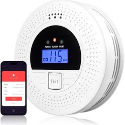 WiFi Carbon Monoxide & Smoke Detector 2-in-1 with Clear Display, Battery Powered, 85dB Warning, Test Button, Portable