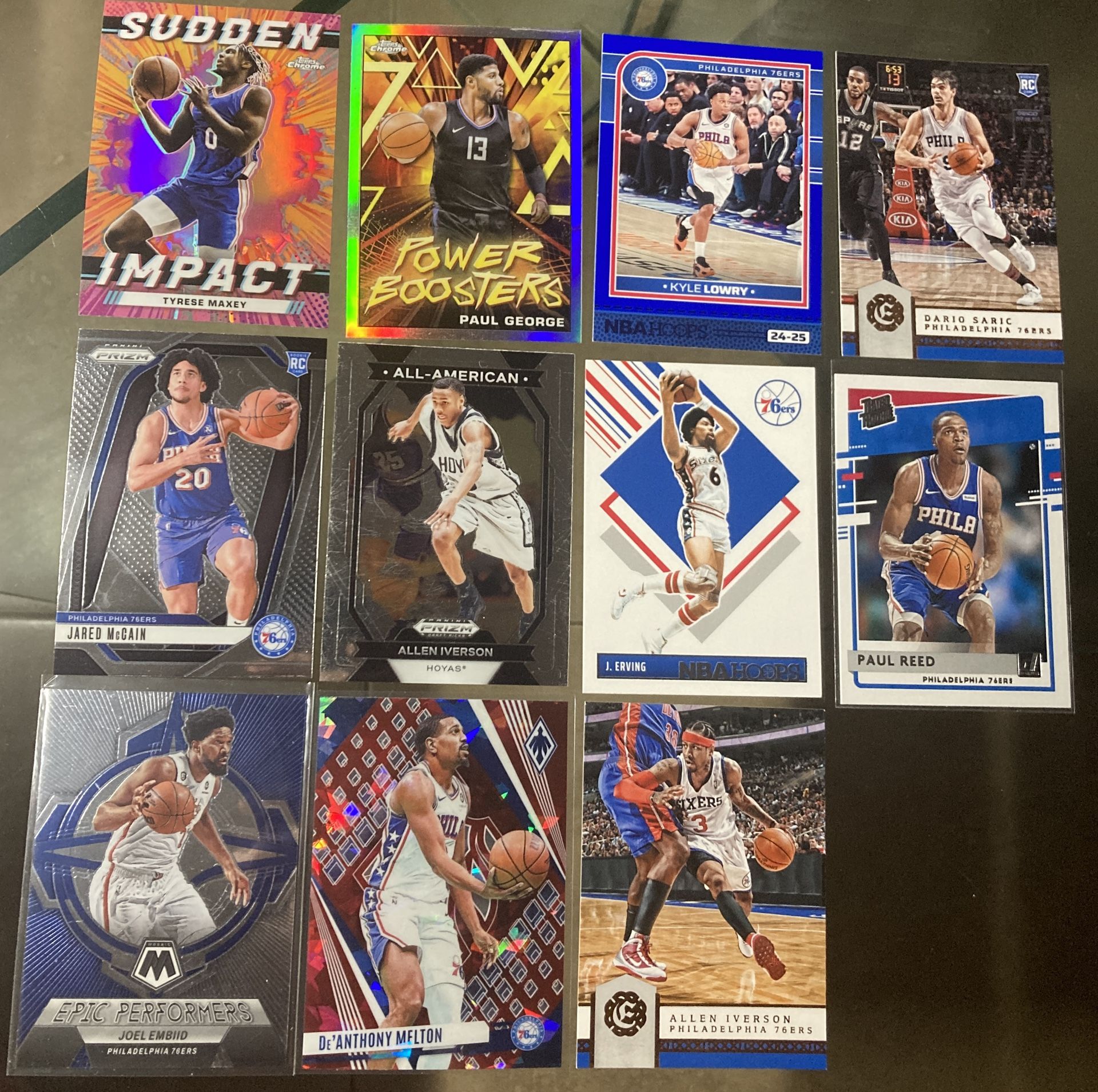 11 card NBA basketball 76ers Sixers Rc & vet lot Tyrese Maxey Paul George Allen Iverson Dr. J Joel embiid Etc All cards are In good condition near min