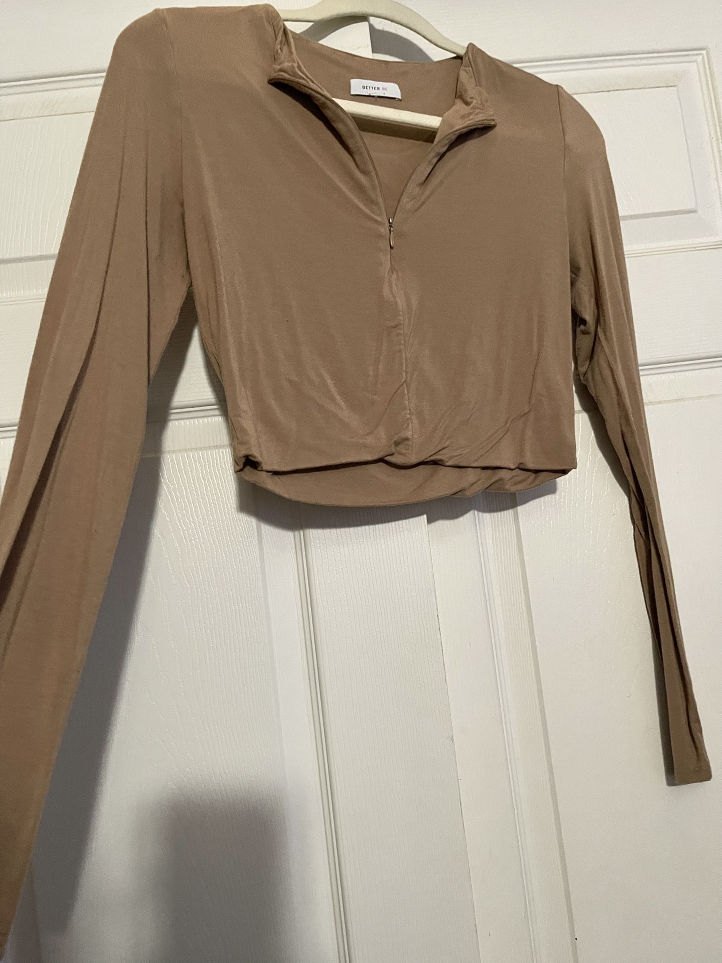 Tan Long Sleeve Crop Top 